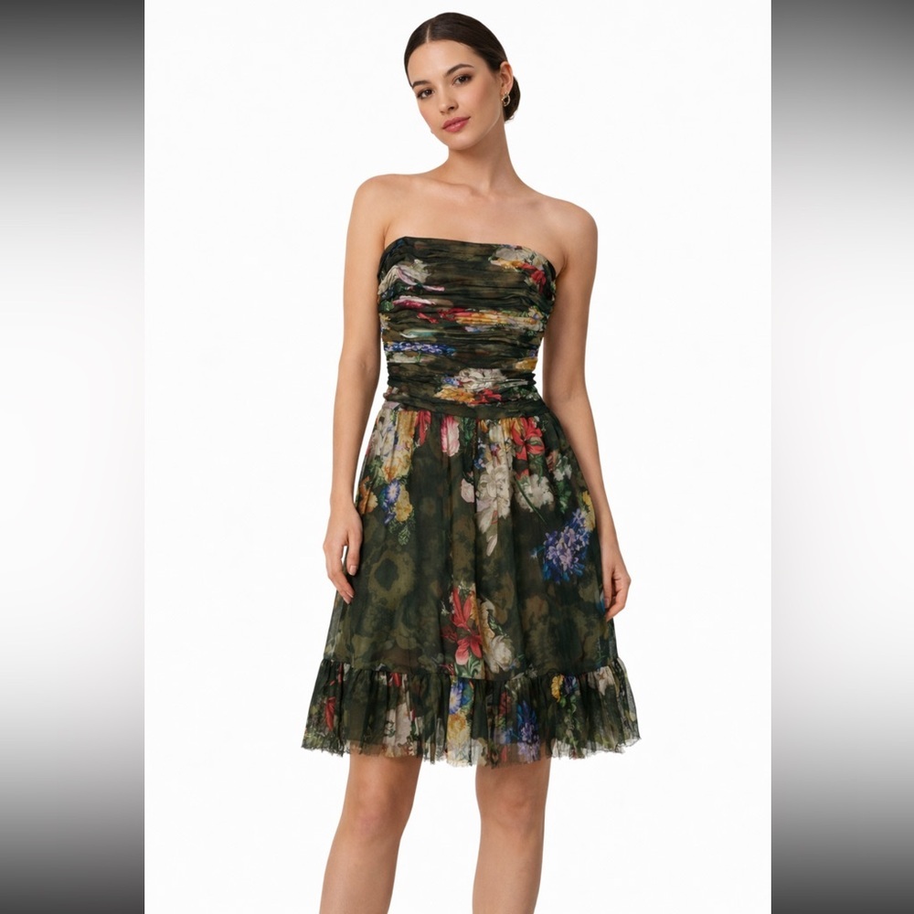 Rickie Freeman for Teri Jon Silk Floral Strapless Ruched Gauzy Garden Dress - 8